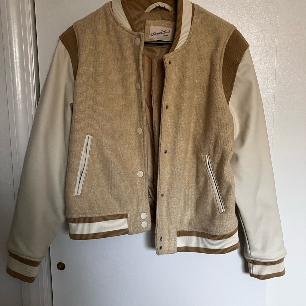 Universal Thread Women's Varsity Jacket in Tan and Cream